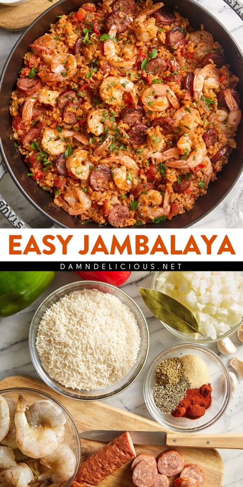 Whip up this one pot jambalaya recipe! It's a simple dinner idea with the easiest cleanup. Along with sausage, shrimp, and veggies, this jambalaya rice is an amazing main dish for dinner! Pin this for later! Not Spicy Jambalaya Recipe, Easy Well Balanced Meals, Shrimp Sausage And Rice, Shrimp And Sausage Jambalaya Recipe, Shrimp And Sausage Recipes Rice, Shrimp Sausage Recipes, Turkey Sausage Dinner, Authentic Jambalaya Recipe, Gluten Free Jambalaya