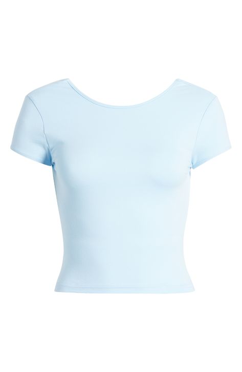 A breathable cotton knit T-shirt goes from everyday to party-ready with its unexpected open back framed by short sleeves. Crewneck Short sleeves 95% cotton, 5% spandex Machine wash, dry flat Imported Preppy Shirts For School, Light Blue T Shirt Outfit, Baby Blue Shirts, Light Blue Clothes, Shuffle Outfit, Blue Shirt Girl, Girly Shirts, Light Blue Tank Top, Baby Blue Shirt