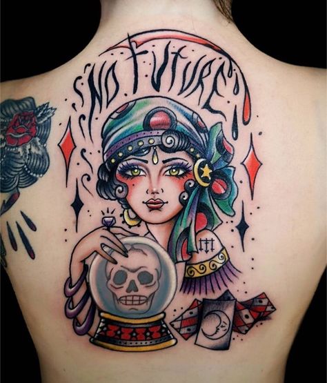 American Traditional Fortune Teller Tattoo, Traditional Fortune Teller Tattoo, Traditional Tattoo Pieces, Fortune Teller Drawing, Trashy Tattoos, Fortune Teller Tattoo, Fortune Tattoo, Sailor Jerry Tattoo Flash, Circus Tattoo