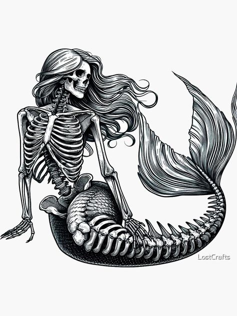 Goth Mermaid Drawing, Creepy Mermaid Art, Mermaid Skeleton Tattoo, Skeleton Mermaid Tattoo, Vintage Mermaid Art, Vintage Mermaid Tattoo, Pirates And Mermaids, Skeleton Mermaid, Sailor Tattoos