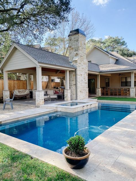 Backyard Pool Placement, Covered Patio And Pool Ideas Layout, Pool With Outdoor Living, Contemporary Backyard Landscaping Designs With Pool And Outdoor Kitchen, Small Pool House Kitchen, Indoor Outdoor Living With Pool, Backyard Inspo Patio With Pool, Small Patio With Pool, Backyard Oasis Pool Outdoor Living