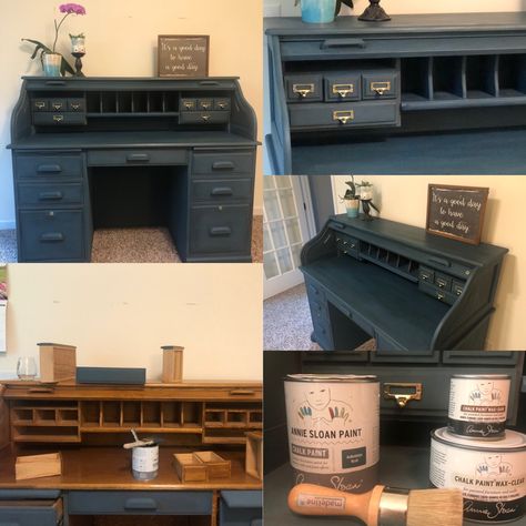 Painted Rolltop Desk, Roll Desk Makeover, Rolltop Desk Repurpose, Roll Top Desk Decor, Roll Top Desk Makeover Ideas, Rolltop Desk Makeover, Roll Top Desk Makeover, Annie Sloan Aubusson Blue, Upcycled Desk