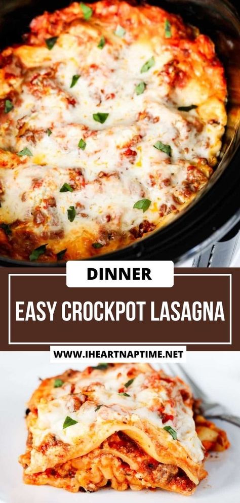 This crockpot lasagna recipe is the easiest way to make lasagna! Simple to assemble with tender pasta noodles, meat sauce and cheese then it cooks hands off making it perfect for busy days! Lasagna Crockpot Recipes Easy, Crockpot Lasagna With No Boil Noodles, Crockpot Lasagna No Ricotta, Crockpot Lasagna With Alfredo Sauce, Crockpot Recipes Lasagna Easy, Crockpot Bowtie Lasagna, Crock Pot Lasagna Easy, Deconstructed Lasagna Crockpot, Lasagne Crockpot