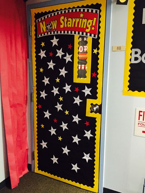 Hollywood theme classroom door- now starring!! Star Theme Class Door, Hollywood Door Decorations, Hollywood Theme Classroom Door, Popcorn Theme Classroom, Hollywood Classroom Theme, Movie Classroom, Star Themed Classroom, Hollywood Classroom, Class Door Decorations