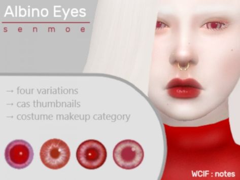 The Sims Resource: Albino inspired Eyes by Senmoe • Sims 4 Downloads Sims 4 Cc Albino Eyes, Sims 4 Anime Makeup, Sims 4 Albino Skin, Sims 4 Cc Albino Skin, Free Sims 4 Cc Eyes, Sims Mods Eyes, Sims 4 Cc Tiefling, The Sims 4 Mods Eyes, Sims 4 Mods Eyes