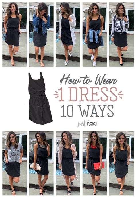 How to Wear and style 1 Black Dress 10 Different Ways - Every wardrobe needs a favorite little black dress and this one is perfect to dress up or down! It is a great item for spring or summer and for a capsule wardrobe. Such an affordable black dress too! How To Wear 1 Dress 10 Ways, 1 Item Multiple Outfits, One Dress Different Ways, Multiple Ways To Wear Outfits, 1 Dress 10 Ways, Black Dress Multiple Ways, Spring Black Dress Outfit, Same Dress Different Ways Outfits, Black Dress Capsule Wardrobe