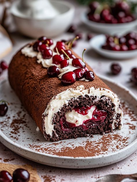 Sophisticated Black Forest Roll Cake

🌾 Ingredients 🌾
🌟 For the Chocolate Sponge Cake:
4 large eggs, at room temperature 🥚
¾ cup granulated sugar 🍬
1 tsp vanilla extract 🍦
¼ cup unsweetened cocoa powder 🍫
¼ cup all-purpose flour 🌾
¼ tsp baking powder 🥄
¼ tsp salt 🧂
🍒 For the Cherry Filling:
2 cups pitted cherries (fresh or frozen) 🍒
¼ cup granulated sugar 🍬
1 tbsp cornstarch 🌽
1 tbsp water 💧
🍰 For the Whipped Cream Filling:
1½ cups heavy cream, chilled 🥛
¼ cup powdered sugar 🍚 Chocolate Cherry Roll Cake, Cherry Roll Cake, Christmas Raspberry Cake Roll, Black Forest Cake Roll, Black Forest Roll Cake, Mexican Hot Chocolate Cake, Cherry Bakewell Cake, Cake Black Forest, Chocolate Cake Roll