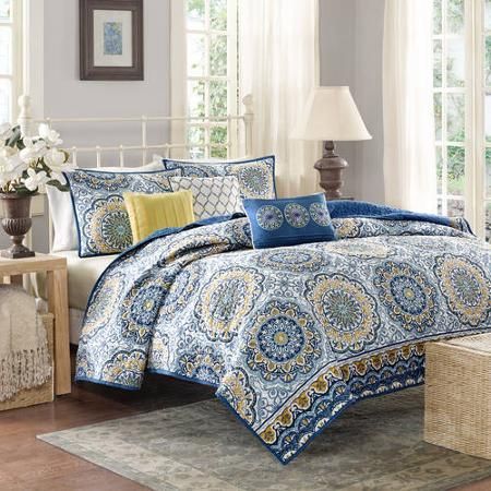 Home Essence Menara Quilted Bedding Coverlet Set - Walmart.com Florida Shopping, Medallion Bedding, Tiled Quilt, Home Essence, Yellow Tile, Yellow Bedding, Coverlet Bedding, Luxury Bedding Sets, Madison Park