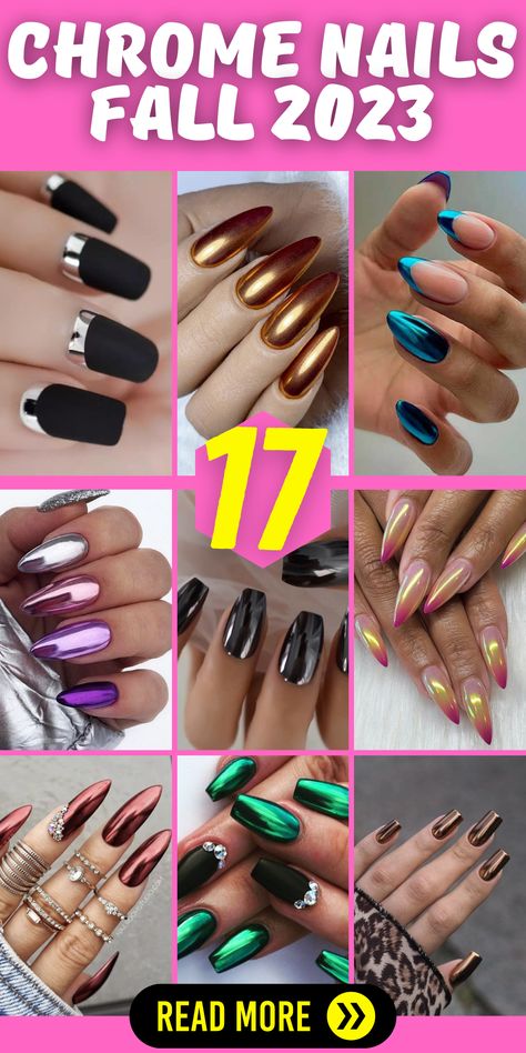 Nails 2023 Trends Metallic, Nail Designs Trending Now 2023 Long, Nail Designs 2023 Fall, September Chrome Nails, Fall Skittle Nails 2023, Crome Nails Colors, Chrome Nails Designs Winter, Nails 2023 Trends Chrome, Different Chrome Nail Colors