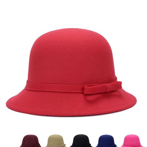 Magik Women Lady Vintage Wool Round Fedora Bow Cloche Derb Felt Bowler Cap Hat #AD Classic Wool Cloche Hat With Flat Brim, Elegant Wool Boater Hat With Flat Brim, Fitted Wide Brim Hat With Bow, Casual Brimmed Hat With Bow, Red Wool Brimmed Hat, Bucket Cap, Elegant Style Women, Dressy Hats, Wool Berets