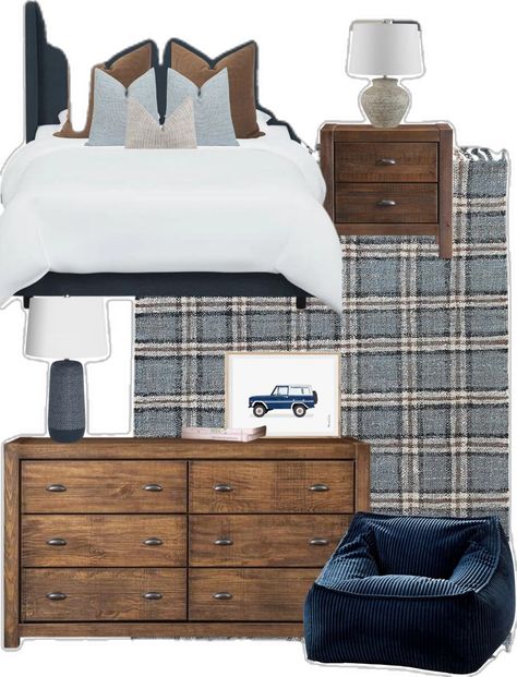 Navy blue and brown boys bedroom mood board Manly Guest Bedroom Ideas, Blue Upholstered Bedroom Ideas, Navy Masculine Bedroom, Masculine Guest Bedroom Ideas, Masculine Bedroom Mood Board, Grey Masculine Bedroom, Blue Masculine Bedroom, Masculine Guest Room, Boys Room Color Ideas