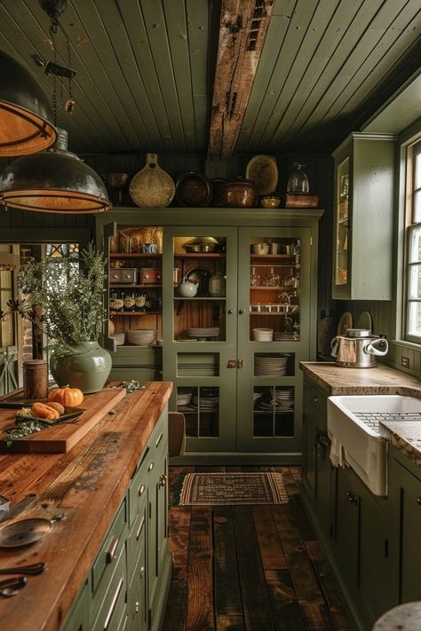 20 Olive Green Kitchen Ideas For Your Next Makeover! - My Decor Inspo Transitional Green Kitchen, Earthy Kitchen Cabinet Colors, Black And Green Kitchen Cabinets, Green Kitchen Cabinets With Wood Counter, Green Kitchen Cabinets Diy, Olive Green Kitchen Design, Dark Olive Kitchen Cabinets, Green Moody Kitchen, Green And Brick Kitchen