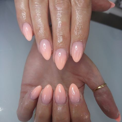 Peach Ombre Nails Almond, Peach Ombré Nails, Summer Ombre Nails Almond, Ombre Nail Designs Almond Shape, Ombre Nails Peach, Almond Peach Nails, Pastel Peach Nails, Peach Ombre Nails, Almond Ombre Nails