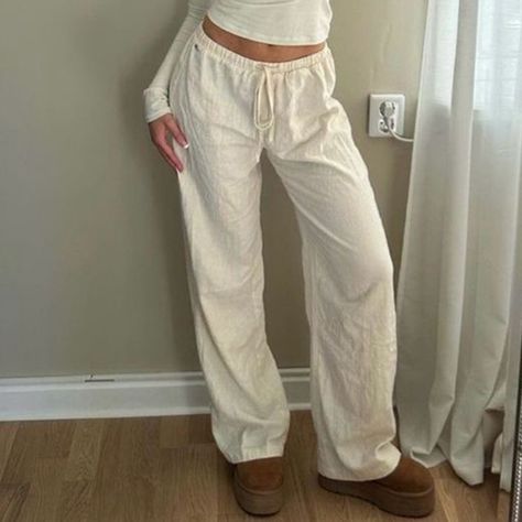 Gtpdpllt Cotton Linen White Pants Basic Drawstring Low Waist Wide Leg Pants Casual Y2K Clothes For Comfy Wide Leg Pants, Low Waist Linen Pants, Wide Leg Comfy Pants, White Bottoms Outfit, Lenin Pants, Linen Trousers Outfit, Tan Linen Pants, Coquette Y2k, Drawstring Pants Outfit