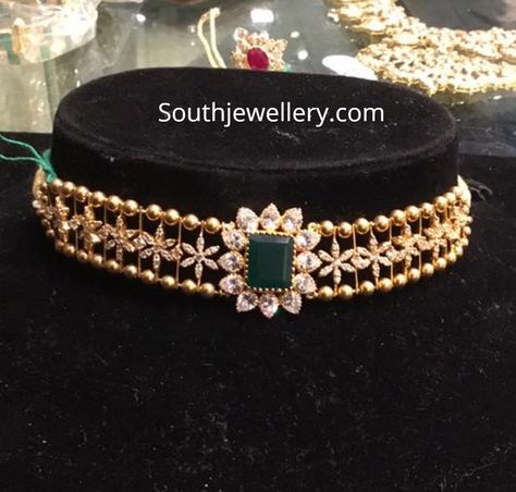 22 Carat gold simple choker studded with cz stones and emerald by Premraj Shantilal jewellers. light weight choker designs for kids Indian Choker Necklace, Simple Choker, Choker Necklace Designs, Choker Designs, Pearl Necklace Designs, Gold Necklace Indian Bridal Jewelry, Emerald Bracelet, Gold Pendant Jewelry, Wedding Jewellery Collection