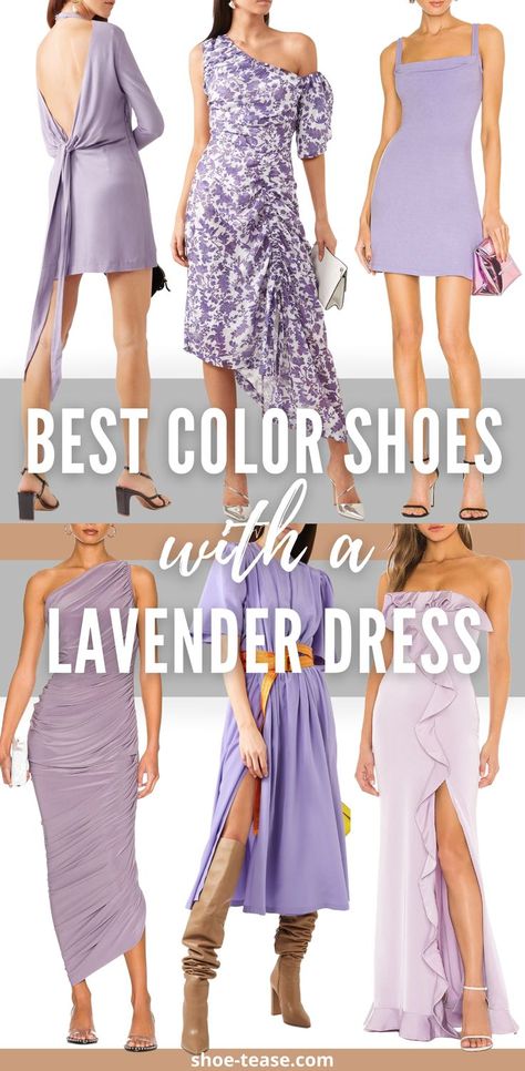 Lavender Dress Styling, Accessories For Lavender Dress, How To Style Purple Dress, Lavender Dress For Wedding Guest, Wedding Guest Dress Lavender, Shoes With Lavender Dress, Lilac Dress Accessories, Periwinkle Dress Outfit, Pastel Blue And Purple Bridesmaid Dresses