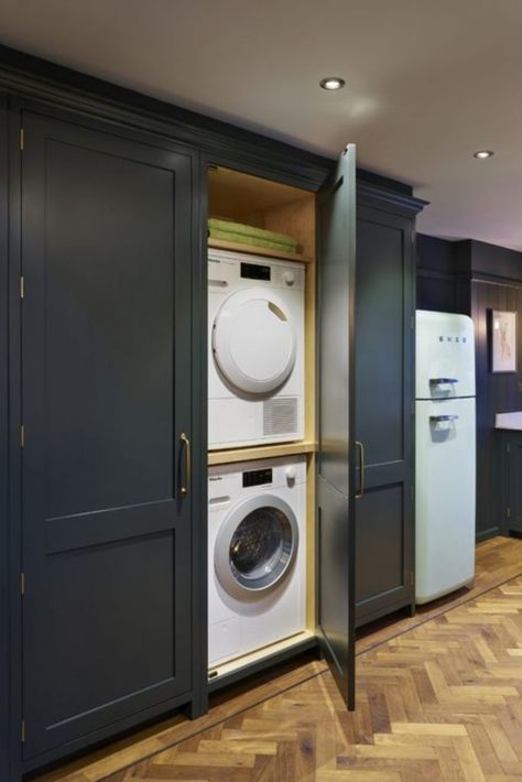 Hidden Laundry Rooms, Utility Room Ideas, Hide Appliances, European Laundry, Blue Kitchen Designs, Utility Room Designs, Hidden Laundry, Utility Cupboard, Laundry Room Layouts