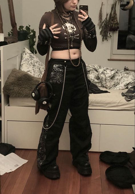 Irrelevant keyword stuffearth tonesaesthetic outfit inspocrowcoregremlincoremaximalismjewelrysilver crystal necklacesfairygrungemallgothgothicdiy customized fake tripp nyc pants sewingskullspiderwebfabric painting craft ideaaltalternative@leoniesosaysi Alt Outfits Pants, Goth Outfits Pants, Casual Maximalism, Forest Gremlin, Maximalism Jewelry, Spiderweb Fabric, Gremlincore Outfits, Crowcore Outfit, Mallgoth Outfits