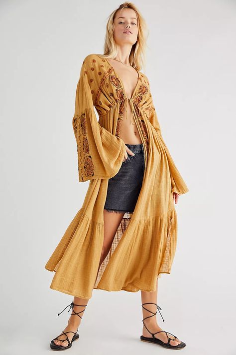 Good Vibes Embroidered Kimono | Free People Maxi Kimono, Modern Womens Fashion, Embroidered Kimono, Maxi Tops, Free People Jacket, Free People Dress, Kimonos, Bell Sleeve, Dress Details