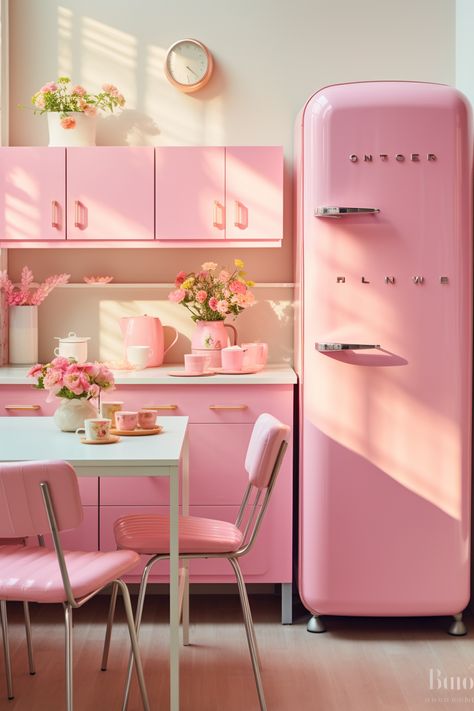 Pink Smeg Fridge, Pink Smeg, Pink Kitchen Designs, Retro Pink Kitchens, Pink Fridge, Barbiecore Aesthetic, Pink Cabinets, Smeg Fridge, Pastel Home Decor