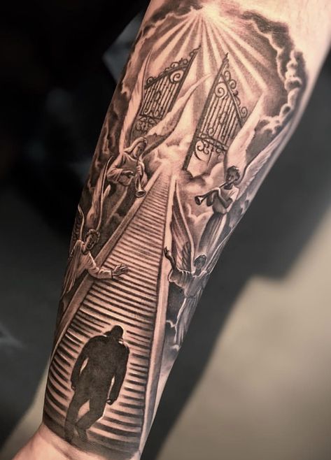 Stairs To Heaven Tattoo, Gates Of Heaven Tattoo, Religious Tattoos For Men, Rip Tattoos For Dad, Religious Tattoo Sleeves, Arm Tattoos For Guys Forearm, Black Men Tattoos, Biblical Tattoos, Christian Sleeve Tattoo