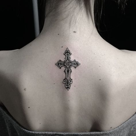 Cross Back Neck Tattoo, Back Tattoo Women Cross, Cross Back Of Neck Tattoo, Back Cross Tattoo Women, Cross Tattoos For Women On Back, Cross Sternum Tattoo Women, Cross Back Tattoo Women, Cross Sternum Tattoo, Big Cross Tattoos