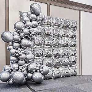 Foil Balloon Backdrop Ideas, Foil Balloon Arch, Mylar Balloon Arch, Silver Balloon Wall, Foil Balloon Wall, Silver Balloon Garland, Mirror Photobooth, Diy Fotokabine, Balloons Art