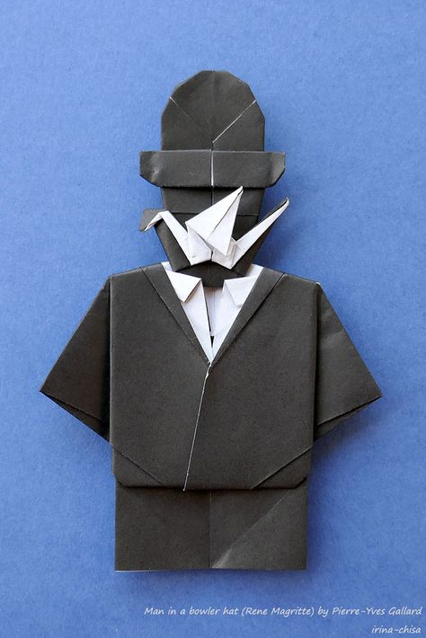 Man in a bowler hat (Rene Magritte) designed by Pierre-Yves Gallard and folded by Irina Chisa (source: ) #origami Man In A Bowler Hat, Origami Man, Rene Magritte, Bowler Hat, Origami, Hats, Quick Saves, Design