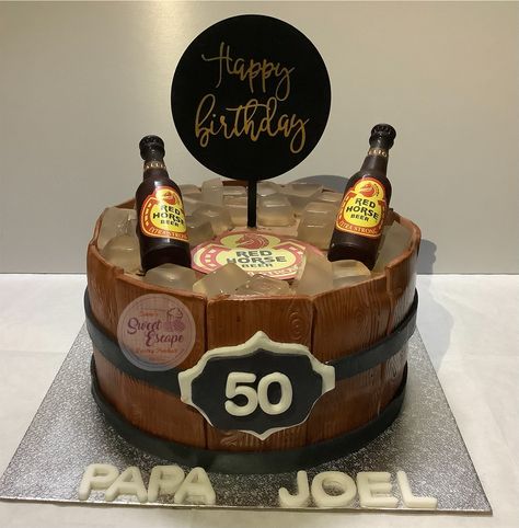 Red Horse Cake Design, Red Horse Beer Cake, Red Horse Cake, Horse Cake Design, Red Horse Beer, Red Beer, Customized Cake, Wood Barrel, Dads Birthday