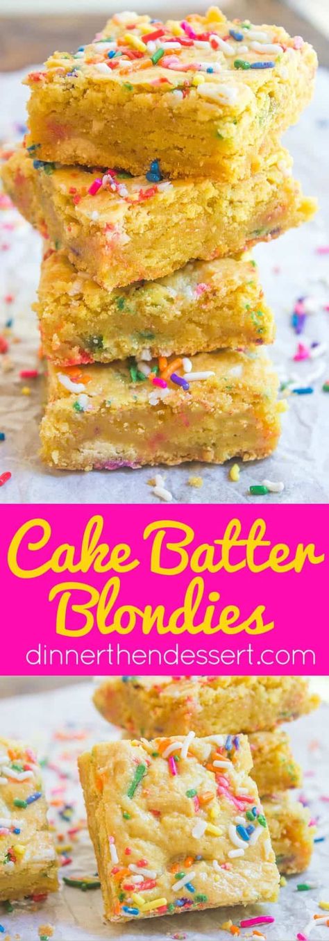 Cake Batter Blondies - Dinner, then Dessert Cake Batter Bars, Cake Batter Blondies, Cookie Dough Vegan, Blondie Cake, Cake Batter Fudge, Oreo Bars, Birthday Cake Brownies, Cake Batter Cookies, Birthday Cake Flavors