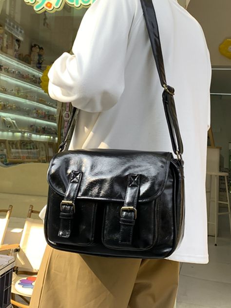 Black    PU Leather Plain     Men Bags Men’s Satchel Bag, Vintage Leather Bag Outfit, Mens Leather Satchel, Black Saddle Bag, Leather Shoulder Bag Men, Silly Clothes, Mens Satchel, Androgynous Style, Mens Crossbody Bag