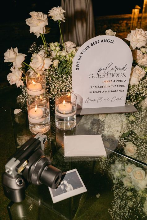 Polaroid guestbook Small Dinner Decoration Ideas, Wedding Polaroid Guest Book Station, Wedding Welcome Table Ideas Guest Books, Big Wedding Ideas Receptions, Wedding Reception Polaroid Table, Polaroid Wedding Book, Polaroid Photo Book Wedding, Wedding Registration Table Decoration, Wedding Polaroid Ideas