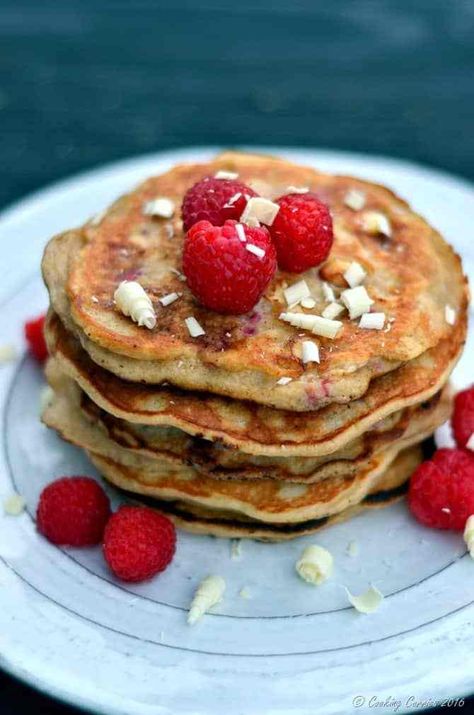 White Chocolate Chip Pancakes, White Chocolat, Raspberry Pancakes, Raspberry White Chocolate, Becoming A Chef, Chocolate And Raspberry, Special Breakfast, Buttermilk Recipes, Chocolate Pancakes