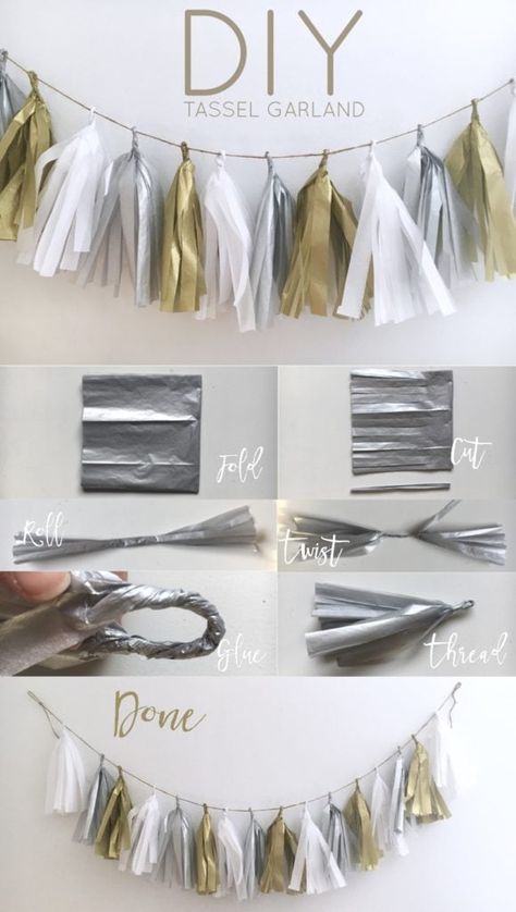 DIY Tassel Garland - Cassie Scroggins Diy Gold Decor, Deco Nouvel An, Gold Tassel Garland, Diy Tassel Garland, Anniversaire Diy, Silvester Party, Diy Tassel, Festa Party, Pom Pom Garland