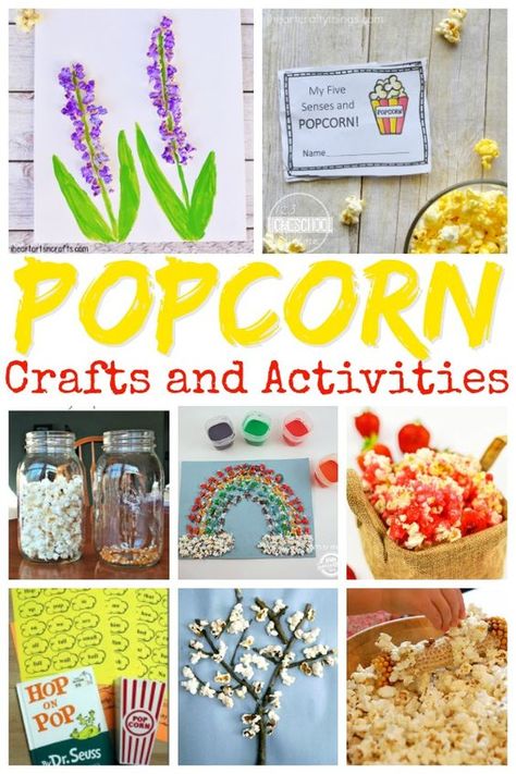 Lots of fun educational popcorn activities perfect for national popcorn day, preschool themes, and homeschooling families Popcorn Activities, Kids Crafts January, Popcorn Crafts, National Candy Day, At Home Preschool, National Popcorn Day, Popcorn Day, Popcorn Theme, Home Preschool