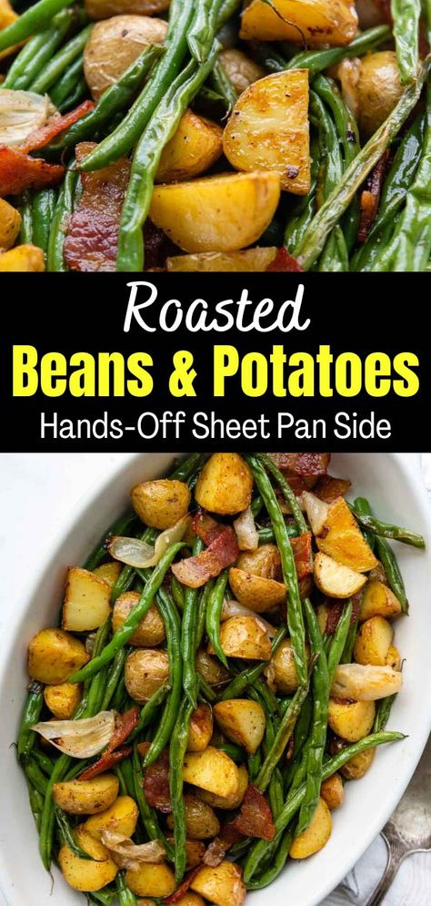 Roasted green beans and potatoes with bacon turns a classic southern-style recipe into a sheet pan, hands-off side dish! Fresh green beans, yellow or red baby potatoes, onions and bacon are baked together in the oven until golden, crispy, and absolutely divine. Bacon Green Beans Potatoes, Yellow Beans Recipe, Roasted Green Beans And Potatoes, Red Potatoes Oven, Beans Dishes, Green Beans Red Potatoes, Roasted Potatoes And Green Beans, Mamagourmand Recipes, Pan Green Beans