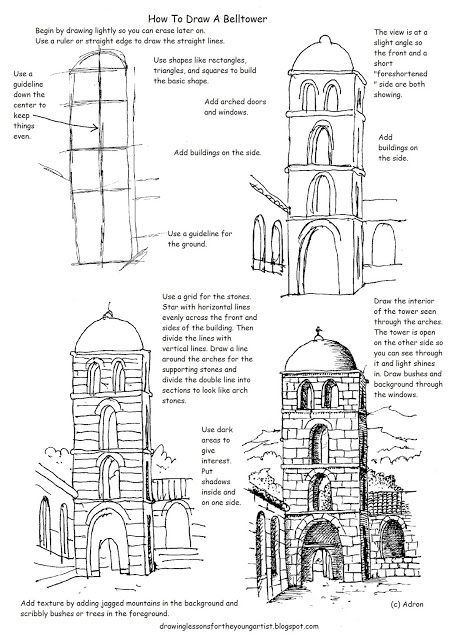 Free Printable How To Draw Worksheet, Draw A Bell Tower Bookish Journal, Castle Painting, Architecture Drawing Sketchbooks, Building Drawing, Seni 2d, Village Scene, Art Worksheets, Perspective Art, Bell Tower