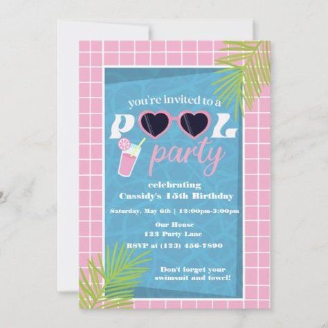 $2.56 | Retro Pink Pool Birthday Party Invitation #pink #pool #party #retro #barbie #swim #summer #tropical #swimming #backyard Pink Pool Party, Pool Birthday Invitations, Pink Pool, Retro Barbie, Summer Party Invitations, Swim Summer, Pool Birthday, Pool Party Invitations, 30th Birthday Invitations