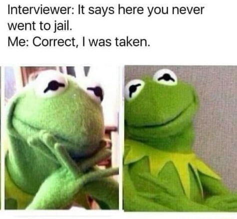 Interviewer: It says here you never went to jail. Me: Correct, l was taken. – popular memes on the site ifunny.co Facebook Jail, Kermit Funny, Clean Memes, Kermit The Frog, Sarcastic Quotes Funny, Have A Laugh, The Frog, Really Funny Memes, Funny Posts