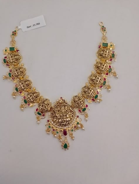 Gold Necklace Without Stones, Laxmi Devi Necklace Gold, Lakshmi Devi Necklace Designs Gold, Pretty Gold Necklaces, Marriage Jewellery, Bday Wishes, Lakshmi Devi, Long Haram, Gold Bridal Necklace