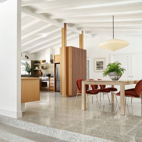 some mid-century love ❣️ // we use all natural and recycled stones in our terrazzo making our venice ivory terrazzo tiles the perfect foundation to pair with any mid-century design. (photography by @claygrier; @rickandcindyblack @redtailconstruction @markashbydesign @arlucasconstruction_ @dwellmagazine) Terrazzo Mid Century, Terrazzo Floors Kitchen, Mid Century Modern Terrazzo, Mid Century Modern Terrazzo Floors, Terrazzo Tiles Living Room, Terrazzo Flooring Living Room, Mid Century Modern Tile, Concrete Collaborative, Modern Terrazzo