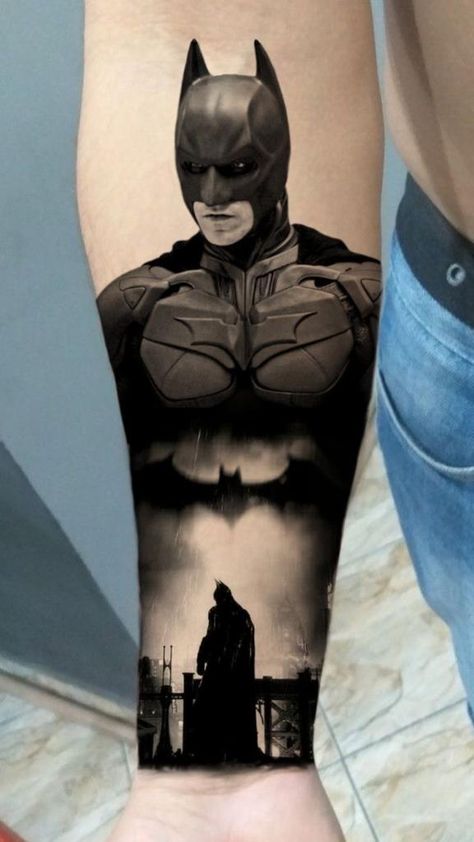 Batman Sleeve Tattoo, Gotham Tattoo, Batman Tattoo Ideas, Batman Tattoo Sleeve, Batman Tattoos, Arm Cover Up Tattoos, Lower Arm Tattoos, Illusion Tattoos, Optical Illusion Tattoos