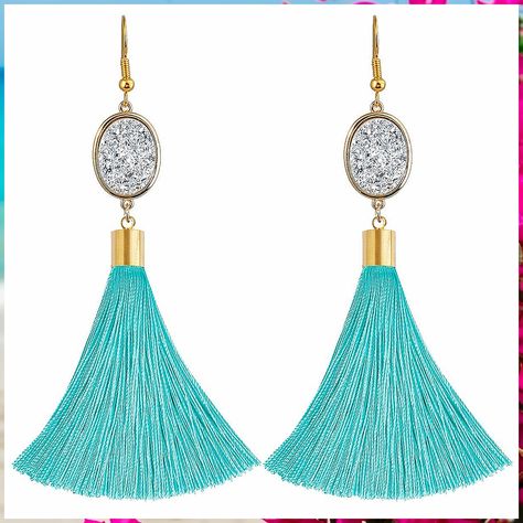 Tassel Dangle Earrings Healing Crystal Quartz Druzy Fringe Thread Drop Earring Handmade Jewelry for Women Stone Dangle Earrings, Earring Handmade, Tassel Drop Earrings, Drop Earring, Crystal Quartz, Quartz Stone, Healing Crystal, Jewelry For Women, Druzy