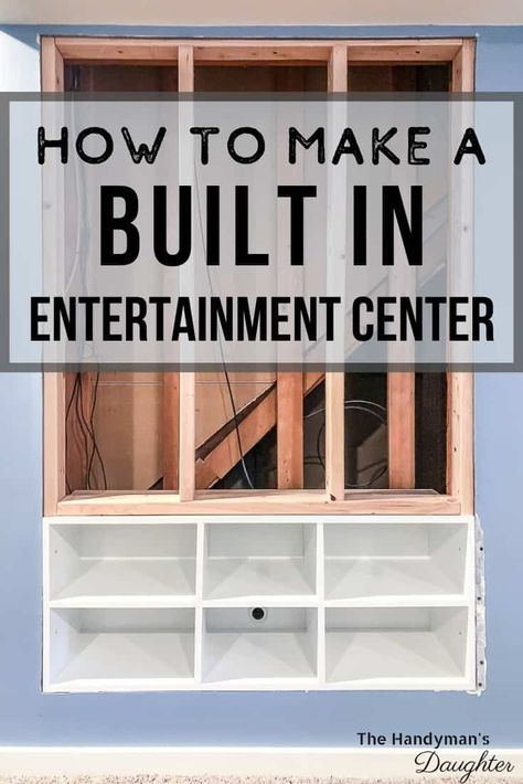 Free up loads of floor space with this DIY built in entertainment center! These recessed shelves hold all your gaming consoles, cable box and DVDs inside the wall, so they don't take up any space under the wall mount tv! Get the free woodworking plans to make your own at The Handyman's Daughter! Recessed Tv Wall Built Ins, Built In Entertainment Center Ideas, Diy Built In Entertainment Center, Diy Media Wall, Wall Mount Tv, Tv Wall Ideas, Recessed Shelves, Mount Tv, Basement Fireplace