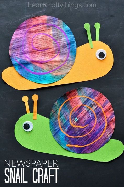 Paint newspaper with watercolors and then turn it into this bright and colorful newspaper snail craft for kids. It is such a happy and cheerful craft and makes a perfect spring kids craft or summer kids craft. Tk Crafts, Kids Spring Crafts, Crafts For Kids Spring, Snail Craft, Garden Crafts For Kids, Insect Crafts, Aktiviti Kanak-kanak, Plant Crafts, Bug Crafts