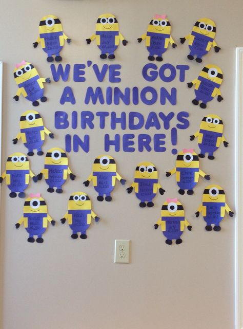 Minion birthday wall. #minions #birthday #classroom #toddlers #preschool Birthday Board Ideas, Minion Classroom Theme, Minion Classroom, Birthday Chart Classroom, Preschool Birthday, Birthday Board Classroom, Minion Theme, Birthday Bulletin Boards, Birthday Bulletin