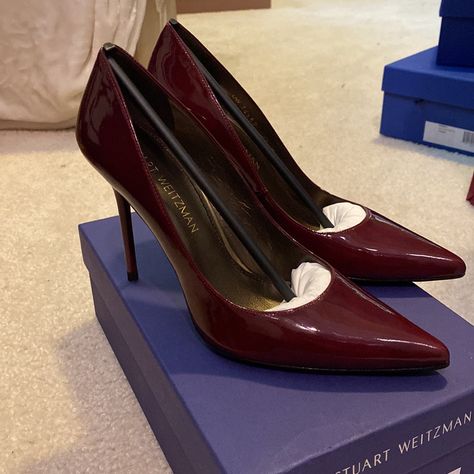 Brand New In Box Color: Cranberry (Patent Burgundy Wine Red) Size Us 7.5 Brand Stuart Weitzman Sold Out Msrp $495 Red High Heels Aesthetic, Wine Red Heels, Dark Red Heels, Burgundy Wedding Shoes, Burgundy High Heels, Plum Heels, Maroon Heels, Wine Heels, Fancy High Heels