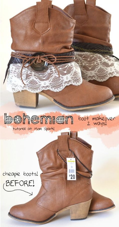 57 Clothing Tips, Tricks And Projects That Are Borderline Genius #lifehacks #fashion #clothing #tips #tricks Boot Makeover, Mode Country, Bohemian Boots, Mode Tips, Mode Hippie, Boho Boots, Mode Boho, Party Kleidung, Bohol