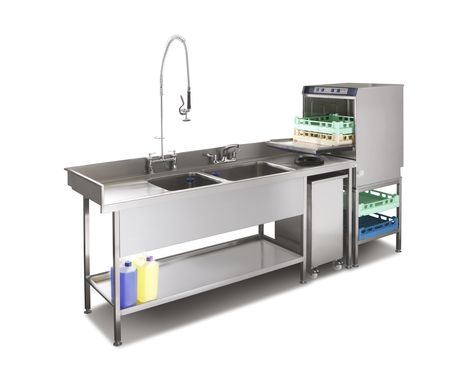 Double bowl pot wash sink and commercial dishwasher combination suitable for small commercial kitchens Small Commercial Kitchen, Kitchen Design Software, Restaurant Kitchen Design, Wash Sink, Catering Kitchen, Commercial Kitchen Design, Bakery Kitchen, Commercial Kitchen Equipment, Commercial Dishwasher