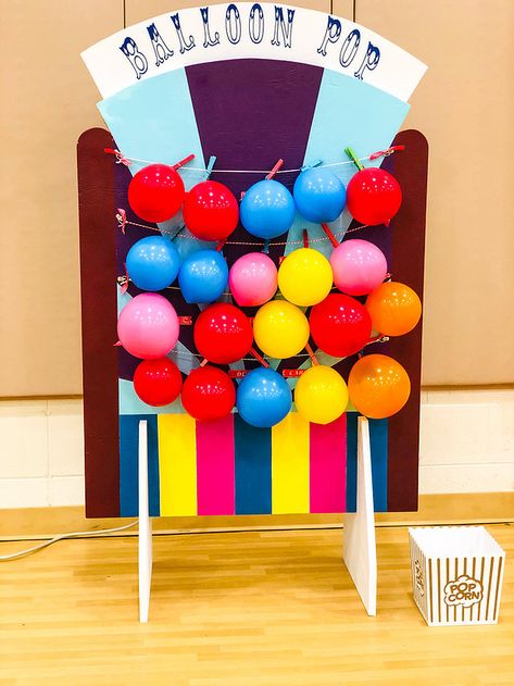 Balloon Carnival Game, How To Build Carnival Games, Diy Balloon Pop Carnival Game, Carnival School Activities, Dartless Balloon Pop Game, Carnival Balloon Pop Game, Daycare Carnival Ideas, Pop Balloon Game, Balloon Dart Game Diy